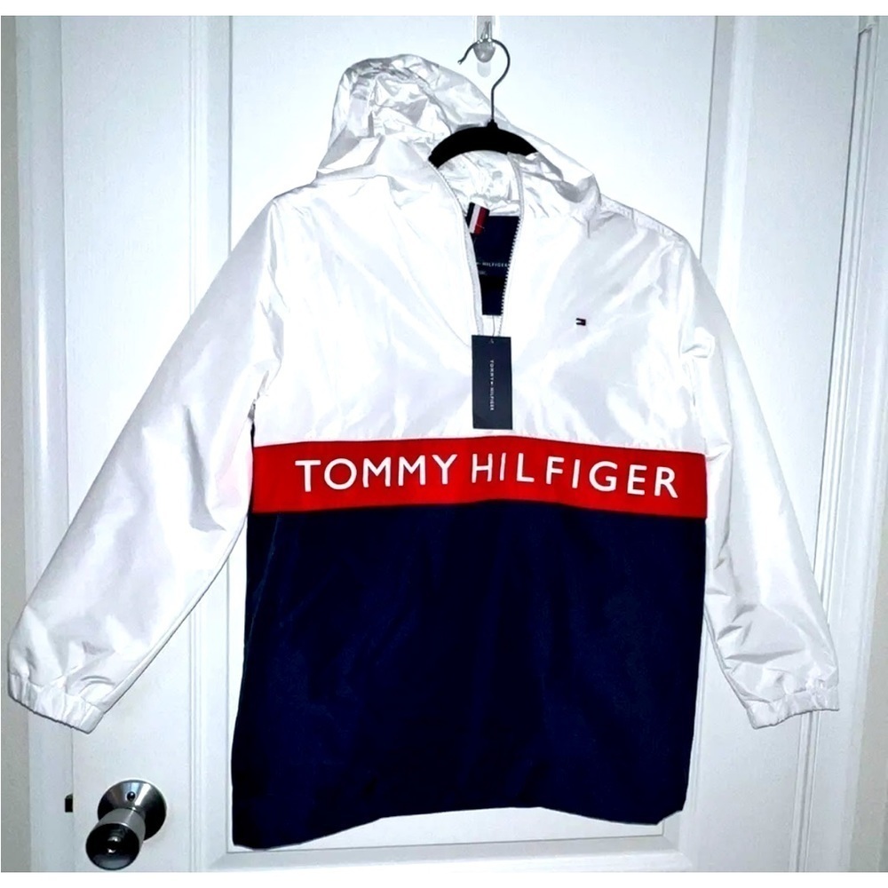 Nwt Tommy Hilfiger Boy's White 1/4 Zip Hooded Jacket SZ M 12-14